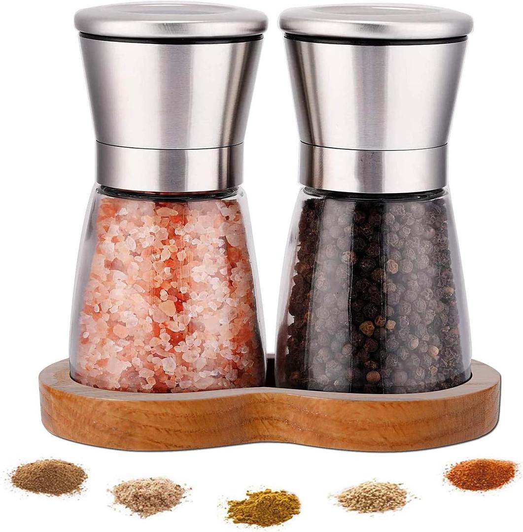 Salt and Pepper Grinder Set with Wooden Standing Tray, Refillable Pepper Mill Set - Brushed Stainless Steel - Short Glass Shakers with Adjustable Coarseness for Peppercorn, Salt or Spice Mills