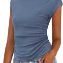 PRETTYGARDEN Women's Ruched Crop Tank Tops 2025 Summer Trendy Cap Sleeve Ribbed Knit Basic Fitted Going Out Tee Shirts (Grey Blue, Large)