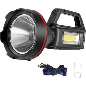 Rechargeable Spotlight Flashlight, High Lumens Handheld Spotlight,LED Searchlight with Shoulder Strap and USB Output for During Hurricane,Emergency, Storms, Outages,Hunting , Hiking, Camping(Black1)