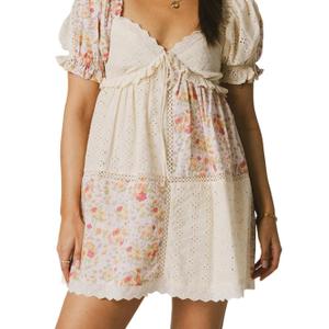 Women Floral Patchwork Babydoll Dresses Puff Sleeve V Neck A Line Cute Mini Dress Flowy Y2k Sundress for Teens,L