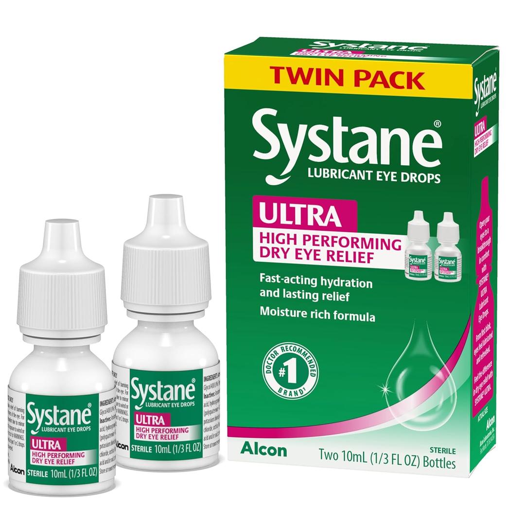 Systane Ultra Lubricant Eye Drops, Artificial Tears for Dry Eye, Twin Pack, 10-mL Each (0.33 Fl Oz (Pack of 2))