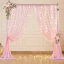 10x10ft Pink Tulle Backdrop Curtains with Lights String for Parties,Wrinkle Free Sheer Curtain Wedding Photo Backdop Drapes for Baby Shower Birthday Party Photography Home Decorations