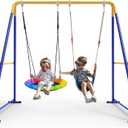 Swing Sets for Backyard, Toddler Swing Set with 1 Saucer Swing & 1 Belt Swing, 440lbs Heavy-Duty Swing Frame w/8 Ground Stakes, A Frame Outdoor Swingset for Kids and Adults for Backyard (Blue)