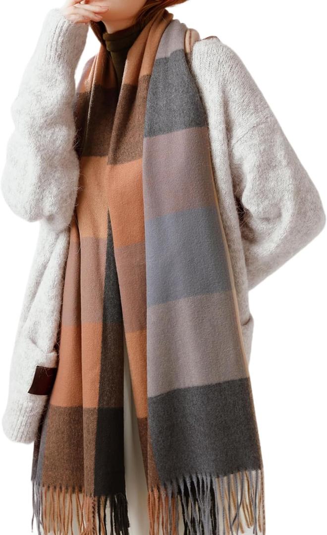 Womens Scarf Winter Blanket Large Scarves Thick Soft Warm Plaid Chunky Scarfs (F-mix Brown Camel)