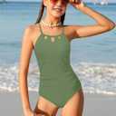 KANGKANG Girls Swimsuit Quick Dry Cut Out One Piece Swimsuits with Tropical Print Cover Up Skirt Bathing Suit Swimwear 13-14Y