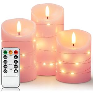 Homemory Flameless Candles with String Lights, 3 Pack Embedded Fairy String Lights LED Candles, Electric Flickering Candles with Remote Control and Timer, Real Wax, Pink