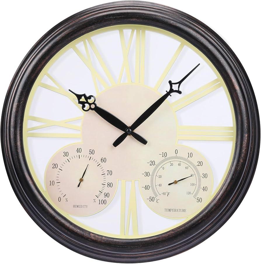 MUMTOP Outdoor Waterproof Wall Clock, 15-inch Quartz Vintage Round Clock with Thermometer and Hygrometer Combo for Patio, Home, Bathroom, Porch Pool