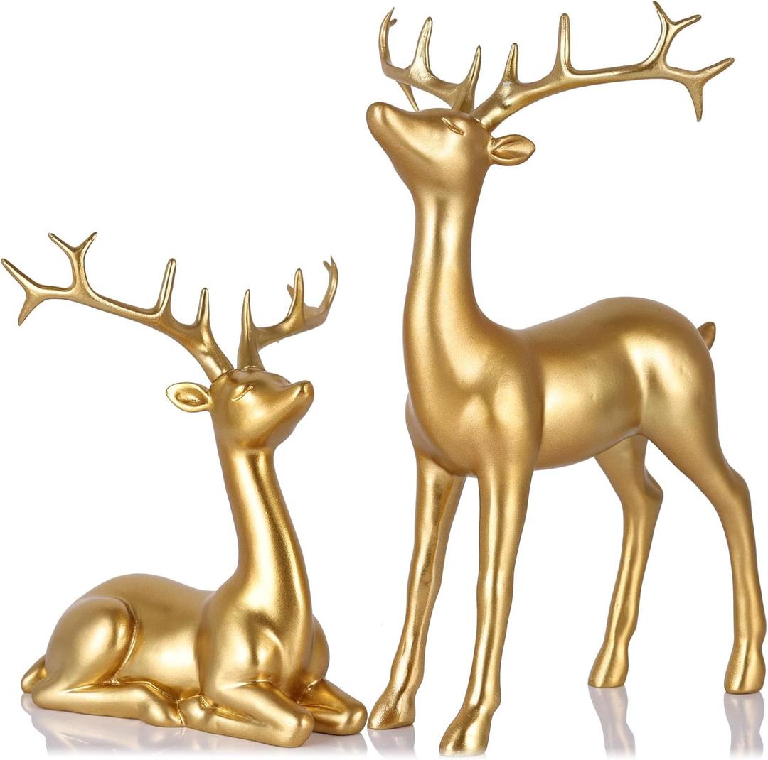 XMGZQ 2 Pack Resin Christmas Reindeer Figurines Deer Statues Elk Sculpture Deer Ornaments for Living Figurine Statues TV Cabinet Home Office Wine Cabinet Decoration (Gold)