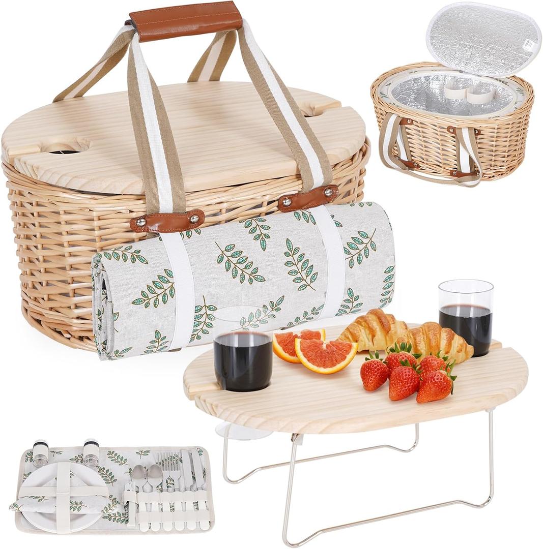 Picnic Basket Set for 2 - Wicker Insulated Picnic Basket with Waterproof Blanket, Folding Wine Picnic Table & Cutlery Kits, Picnic Baskets Kit for Camping, Outdoor, Valentine (Leaf)