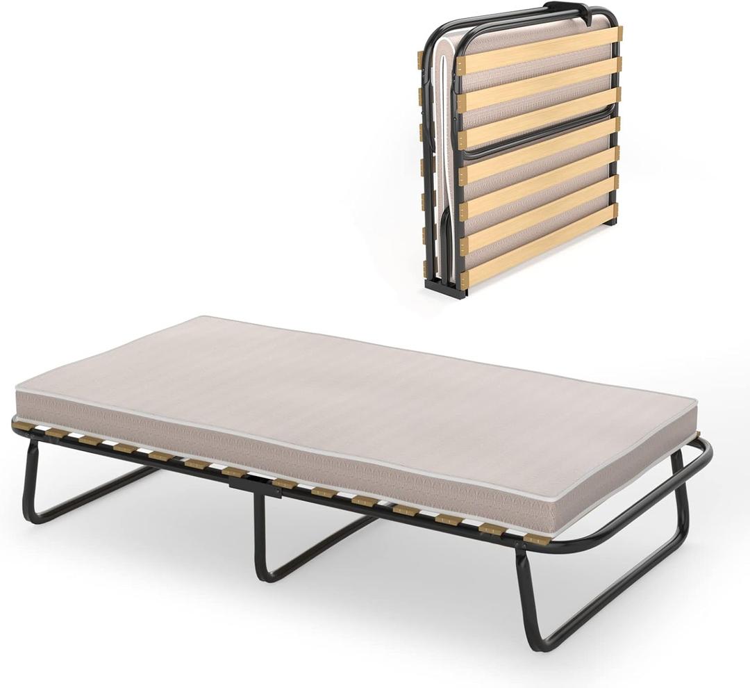 KOTEK Folding Bed with Mattress, Portable Guest Bed Cot Size w/Memory Foam Mattress & Wood Slat Support, Heavy Duty Steel Single Bed Frame for Bedroom & Office, Made in Italy