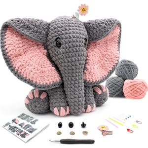 CODGP Crochet Kit,13in Crochet Animal Kit Elephant,Crochet Starter Kit Gift for Adults Kids with Yarn Sets,Amigurumi Crochet Kits with Step-by-Step Video Tutorials (Elephant)