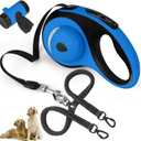Dual Retractable Dog Leash for 2 Large Dogs (Up to 110LBS Each) - Double Headed Pet Leash with Poop Bags and LED Light, One Button Brake & Lock, 360 Tangle-Free (Blue, Large)