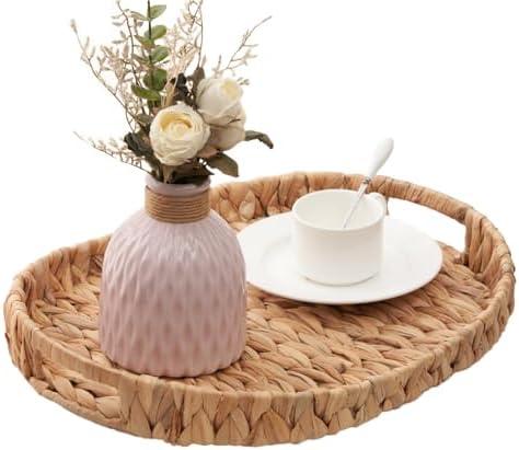 Hand-Woven Rattan Tray with Handles - 17"x13" Oval, Decorative Water Hyacinth Serving Tray for Living Room, Coffee Table, Breakfast in Bed