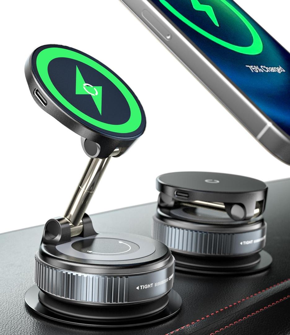 15W Wireless Charger Magnetic Car Phone Holder [Vacuum Suction Cup] 360 Adjustable & Foldable Car Mount for Dashboard/Windshield/Smooth Surface [Compatible with MagSafe] for iPhone/Samsung