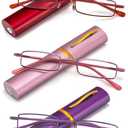 REAVEE 3 Pack Slim Pen Reading Glasses Small Tube Readers for Men Women Spring Hinged with Portable Clip Case, Red Pink Purple 1.75