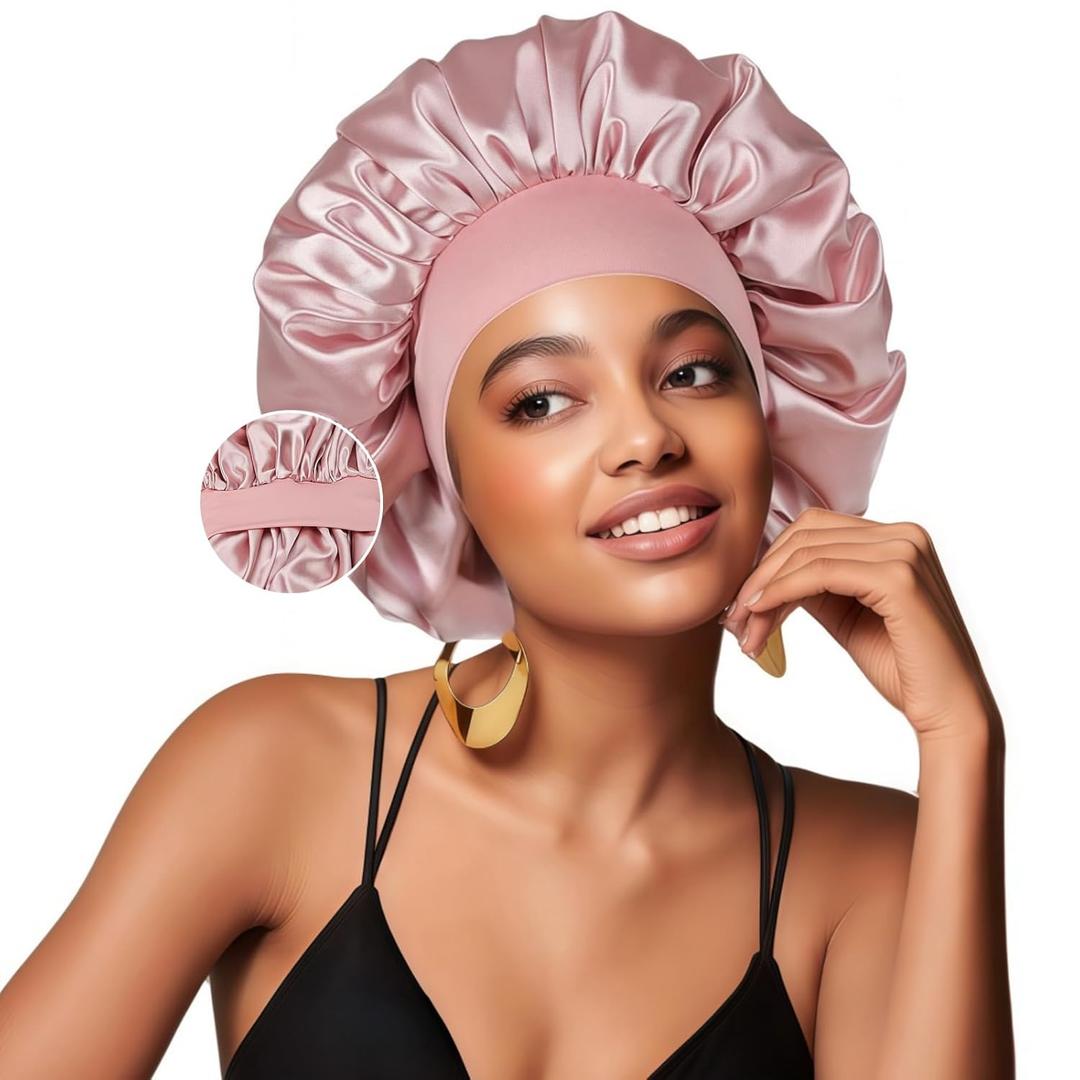 5 x Silk Bonnet for Sleeping Women Double Layer Satin Lined Hair Bonnet for Sleeping Shower Cap for Women with Natural Curly HairMediumBlush Pink-Blush Pink