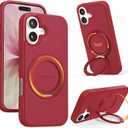 for iPhone 17 Case [360 Rotatable Stand][17FT Military-Grade Drop Protection][Premium PU Leather] Tactile Clicking Sound Slim Magnetic Kickstand iPhone 17 Cover, Red