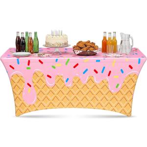 Moukeren Ice Cream Spandex Tablecloth Party Decorations 6ft Ice Cream Drip Baseball Table Cover Washable Wrinkle Resistant Stretch Rectangular Patio Tablecloth for Birthday Indoor Kitchen Decor