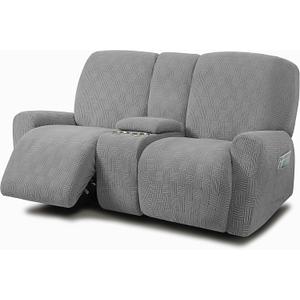 ULTICOR Jacquard Design Reclining Loveseat with Middle Console Slipcover, 8-Piece Stretch Sofa Covers, 2 seat Loveseat Recliner Cover, Washable (Style 4) (Light Grey) (Loveseat With Console Recliner Cover)