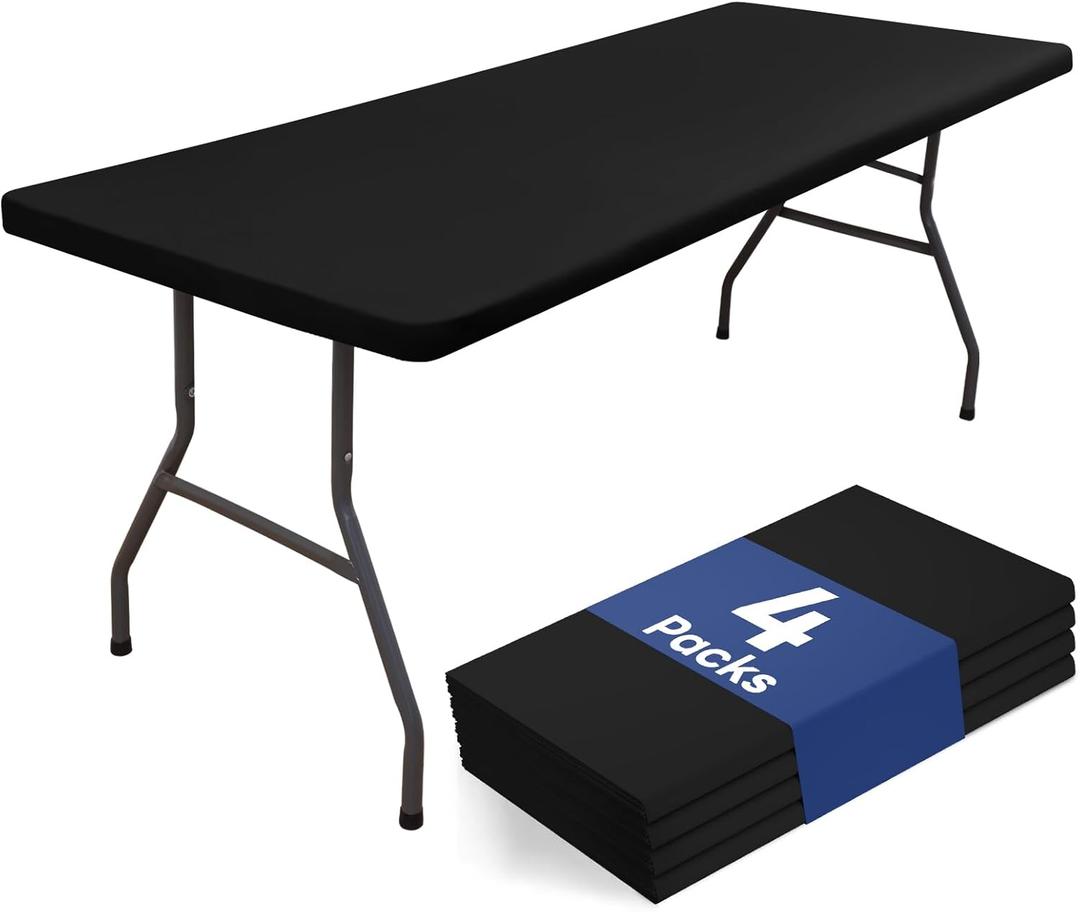 homing 4 Packs 6 Foot Rectangle Table Cloth, Waterproof Polyester Elastic Fitted Tablecloth, Washable Table Cover for Picnic, Camping, Outdoor (Black, 30" x 72")
