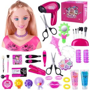 Doll Head Hair Styling Makeup Girls Toys Kids Pretend Play Beauty Set with Real Washable Cosmetics Hairdryer Curling Hairpins Accessories Birthday Gifts for Girls 3 4 5 Years Old