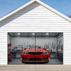 Sunolga Magnetic Garage Door Screen for 1 Car 10x9 FT, Reinforced Polyester Magnetic Screen Door with 26 High Energy Magnets and 6 Strapping Tapes, Hands-Free Screen Door Mesh for Garage Door Black