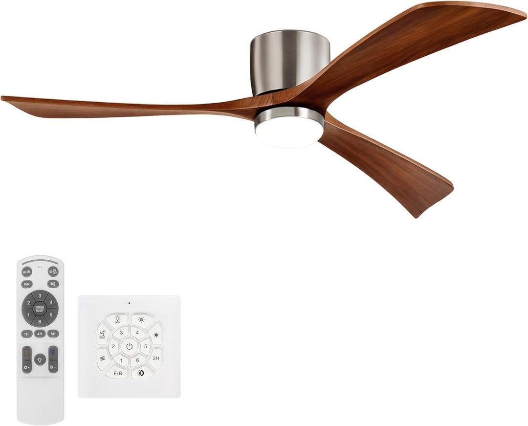 Ceiling Fans with Lights 52 Inch Flush Mount, Wood Blade, LED Dimmable DC Reversible Modern Ceiling Fan with Remote Control for Bedrooms, Living Rooms, Patio, Brushed Nickel