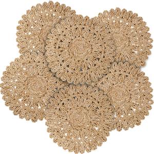 13.8" Corn Husk Woven Round Placemats Set of 6 - Wicker Boho Farmhouse Placemats - Rattan Table Mats for Dining Table, Wedding, Home