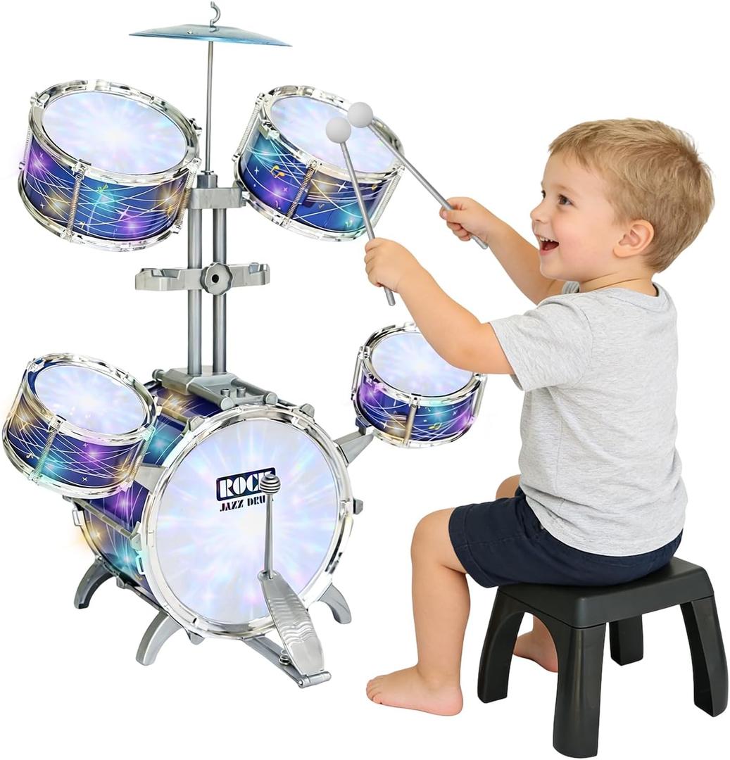 Kids Drum Set for Toddlers 1-3, Upgraded Light Up 5-Piece Jazz Drum Kit with Stool, Bass Pedal & Cymbal, Musical Instrument Percussion Beginner Toy Gift for Boys Girls Ages 3-5 5-7