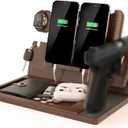 BarvA 2 Phone Docking Station | Patented Adaptive Wood Gun Rack | Night Stand Room Decor | Gun Accessories Gifts for Men | Smart Watch & Phone Stand | Charging Station Desk Organizer (Dark Walnut)