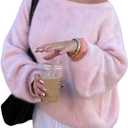 GORGLITTER Women's Fuzzy Off The Shoulder Sweaters Chunky Knit Oversized Long Sleeve Asymmetrical Pullover Tops Outfits (Pink)