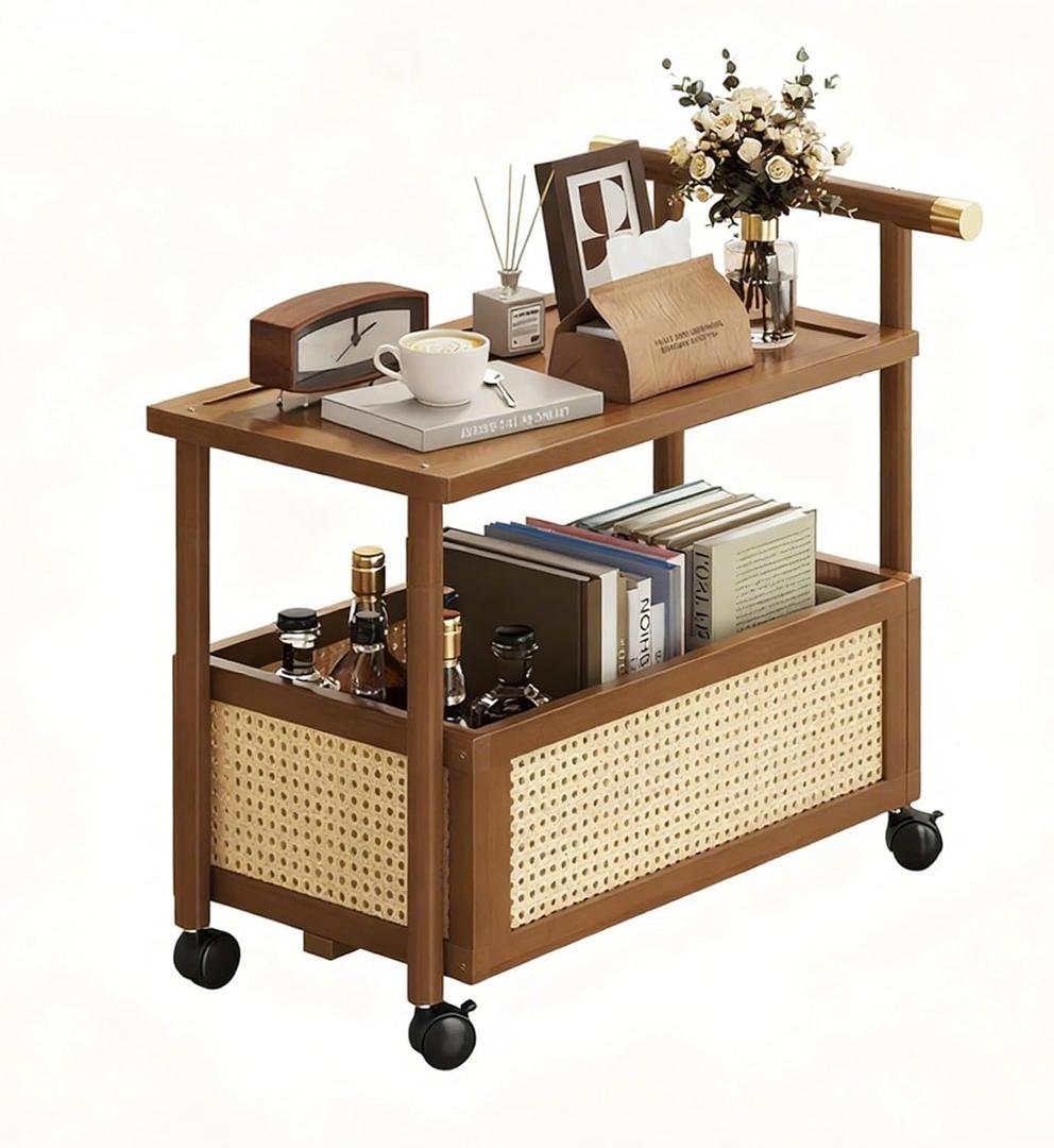 CTESNE2-Tier Wooden Rolling Cart Utility Cart with Wheels & Handle,Storage Cart for Bathroom, Kitchen, Office, Craft, Makeup