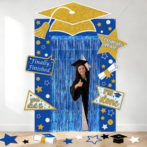 Graduation Decorations 2026 Blue and Gold Graduation Banner decorations Class of 2026 Porch Door Banner with Foil Tinsel Curtains Congrats Grad Backdrop Supplies for College High School Blue Gold