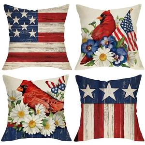 Fjfz 4th of July Cardinal Decorative Throw Pillow Covers 20 x 20 Set of 4, Patriotic America Red Birds Daisy Pansy Flower Outdoor Home Decor, American USA Floral Farmhouse Couch Cushion Case