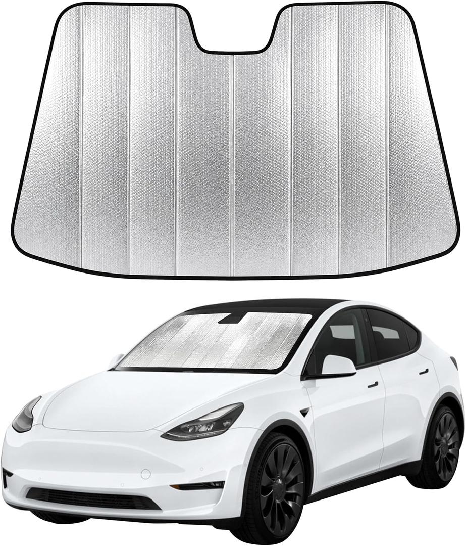 EcoNour Accordion Foldable Windshield Sun Shade Fit for Tesla Model 3 / Model Y 2017-2024 2025 2026 Sunshade, Front Car Window Shades Sun Visor, Blocks UV Rays & Heat, Car Accessories