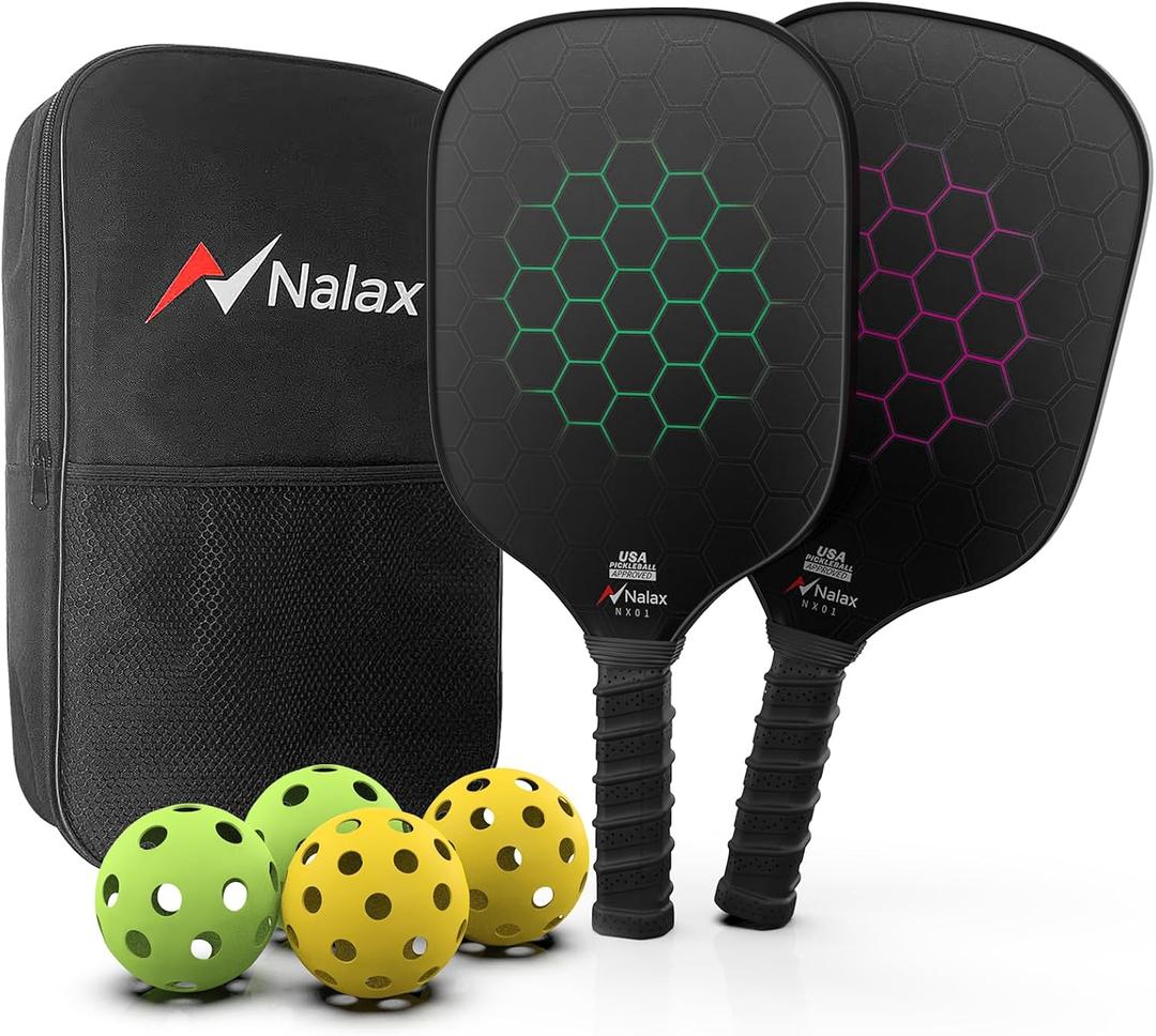 Nalax Pickleball Paddles Set of 2, USA Pickleball Approved Fiberglass Paddles with 4 Pickleball Balls and Carry Bag, Polymer Core Paddle Set for Adults