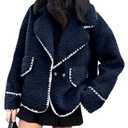 Cicy Bell Womens Sherpa Fleece Jacket Casual Collar V Neck Fuzzy Coats Contrast Trims Open Front Winter Outwear S