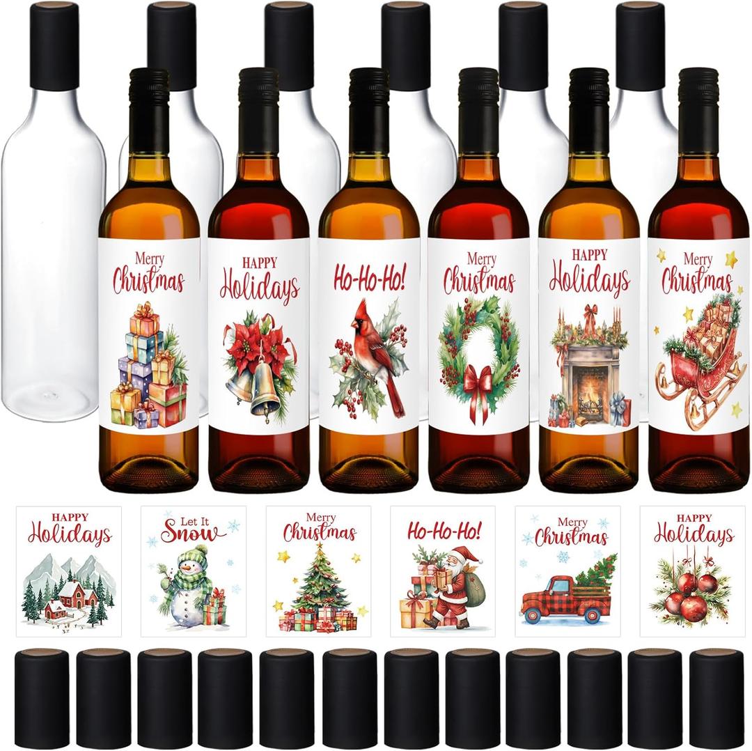 Maxcheck 44 Pcs 25 oz Christmas Plastic Wine Bottles Set with Shrink Capsules Label Stickers Airtight 750ml Empty Clear Liquor Bottles with Lid Brewing Wine Making Homemade Xmas Gift(Clear,Cute)