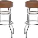 Flash Furniture Bruno 2 Pack Double Ring Chrome Barstool with Weathered Brown Seat (Set of 2)