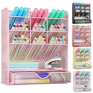 Spacrea Pen Holder Desk Organizer - Desk Organizers and Accessories, Pencil Holder with 10 Compartments and 1 Drawer（Pink）