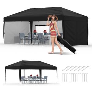 10x20 Pop Up Canopy with 0/4/6 Sidewalls, Beach Ten with One Push Setup, Heavy Duty Outdoor Instant Canopy Tent with Portable Roller Bag, Silver Coated Top, 3 Adjustable Height, Sandbags (Black)