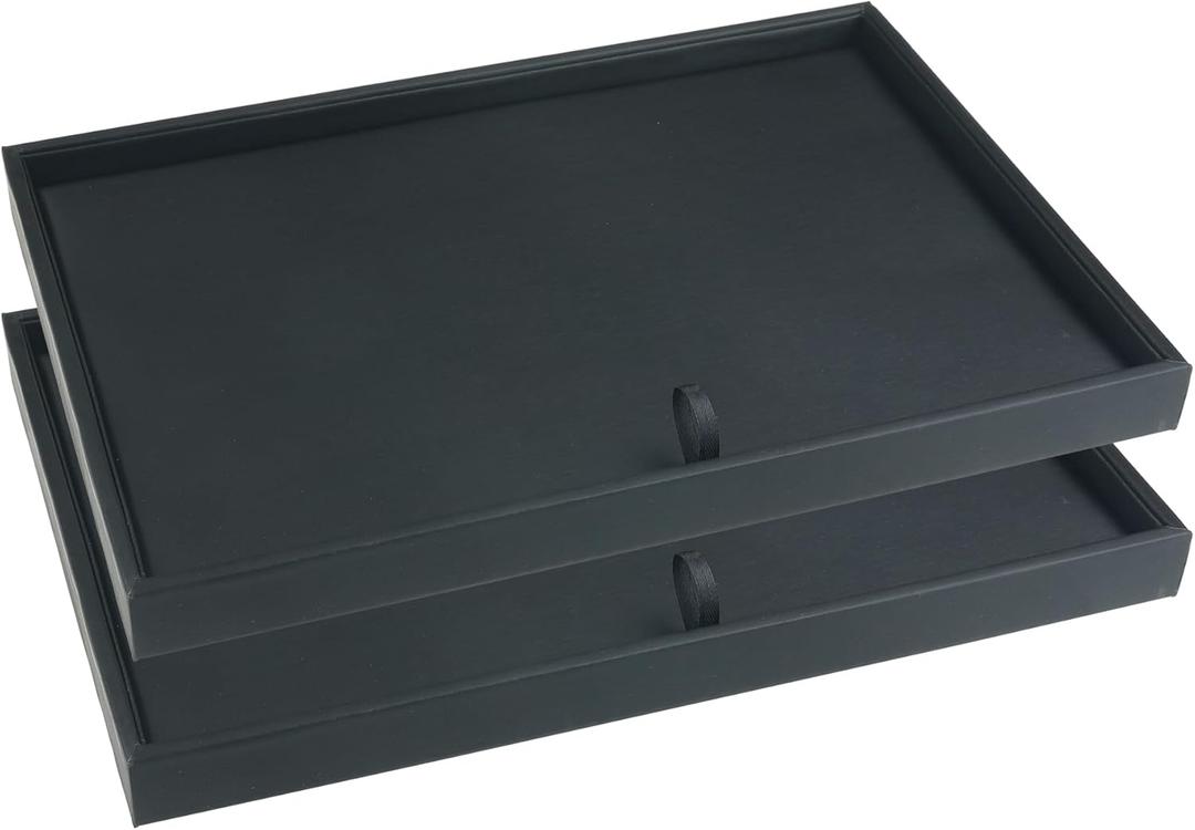 uxcell Set of 2 Stackable PU Leather Jewelry Organizer Trays with Removable Dividers for Drawers, Jewelry Organizer Drawer Inserts Storage Flat Tray Black