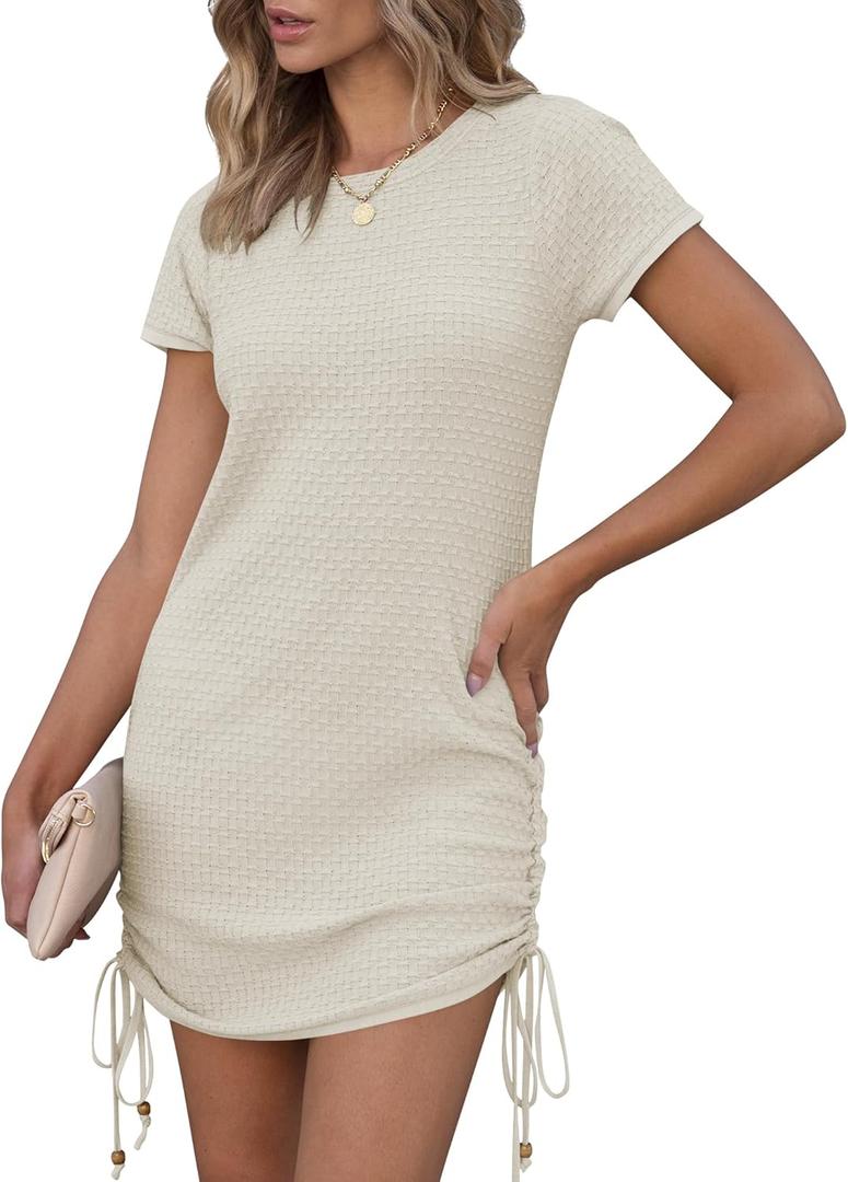 ANRABESS Women Swimwear Cover Up Short Sleeve Knit T Shirt Dress 2025 Summer Beach Drawstring Swim Suit Crochet Mini Dresses Large Beige