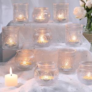 12Pcs Clear Votive Candle Holders - Glass Tea Light Candle Holder, Clear Votives, Embossed Candle Votives for Wedding Centerpiece & Home Decoration