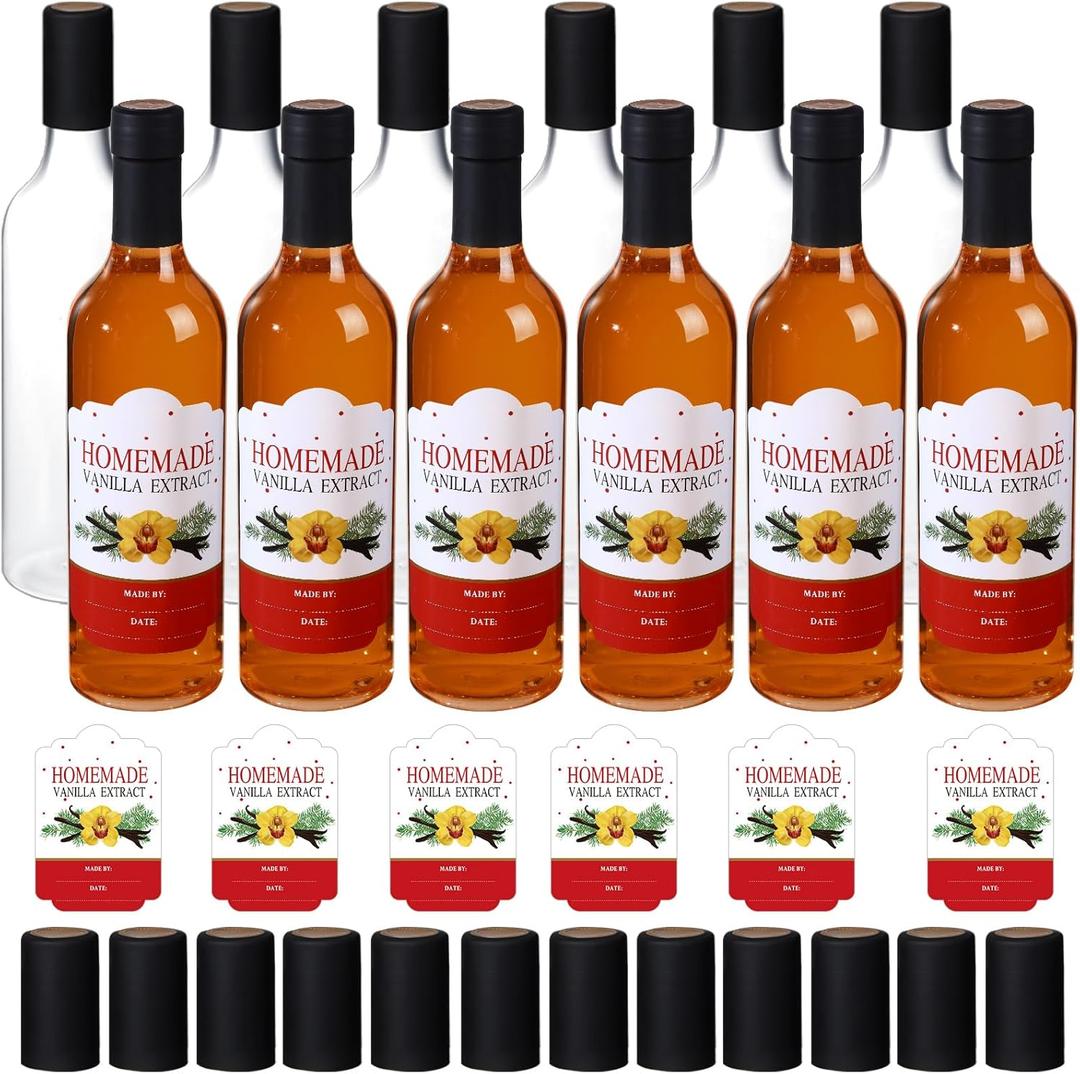 Maxcheck 12 Set 25 oz Christmas Coquito Bottles Plastic Wine Bottles Christmas Botellas Para Coquito with Caps Label Stickers 750ml Empty Brewing Container for Bar Party(Clear,Fresh)