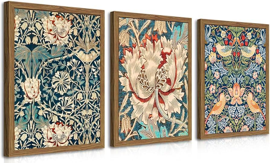 Fantasy Artists 3 piece Framed William Morris Wall Art Vintage Botanical Floral Art Wall Decor Painting Farmhouse Artwork Aesthetic Posters Prints for Living Room Bedroom Bathroom 12x16 inches