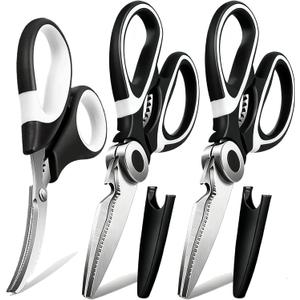 Kitchen Scissors All Purpose 3 Pack - Heavy Duty Stainless Steel Cooking Shears for Cutting Meat, Food, Fish, Poultry Multipurpose Sharp Sissors for Dishwasher Safe (Black & White)