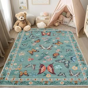 Butterfly Rug 5x7 Machine Washable Area Rug Non-Slip Low Pile Insect Floral Stain Resistant Throw Carpet for Nursery Kids Playroom Green