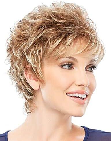 Short Mixed Blonde Pixie Cut Wigs for White Women Wavy Layered Blonde Mixed Auburn Shaggy Synthetic Hair Replacement Wig with Bangs