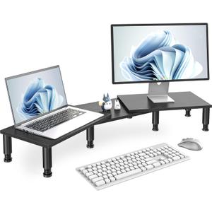 AX WABER Dual Monitor Stand Riser, Monitor Stand with Adjustable Height Steel leg, Wood Monitor Stand for Desk, Monitor Riser for 2 Monitors with Storage Space Black